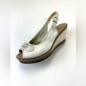 Remonte White Leather Peep Toe Slingback Wedge Sandals Womens Size 37 EU Comfort